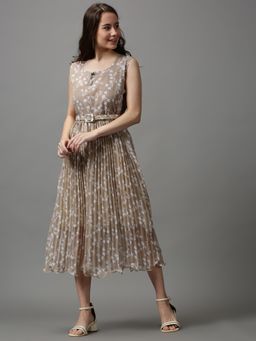 SHOWOFF - Women's Round Neck Embellished Beige Midi Dress (Set of 2)