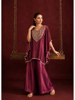 Colors Of Earth - Women Wine Embroidered Silk Kaftan with Spaghetti Blouse and Palazzo