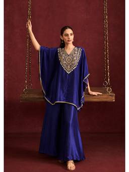 Colors Of Earth - Women Blue Embroidered Silk Kaftan with Spaghetti Blouse and Palazzo