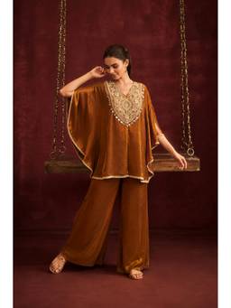 Colors Of Earth - Women Rust Embroidered Silk Kaftan with Spaghetti Blouse and Palazzo