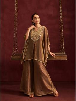Colors Of Earth - Women Brown Embroidered Silk Kaftan with Spaghetti Blouse and Palazzo