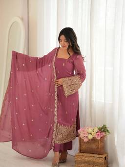 TWINS LADY - Women Pink Georgette Embroidered Kurta with Pant and Dupatta