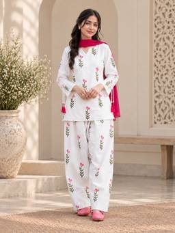TWINS LADY - Women White Cotton Floral Kurta with Salwar and Dupatta