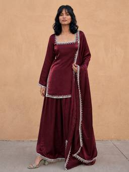 TWINS LADY - Women Maroon Silk Solid Kurta with Sharara and Dupatta
