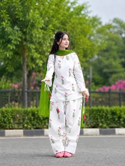 TWINS LADY - Women White Cotton Floral Kurta with Salwar and Dupatta