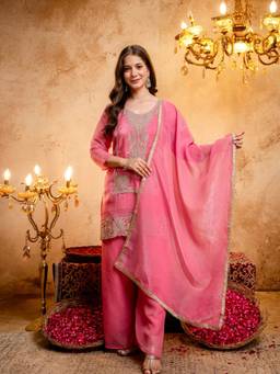 TWINS LADY - Women Pink Art Silk Embroidered Kurta with Palazzo and Dupatta