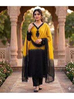 TWINS LADY - Women Yellow Georgette Embroidered Kurta with Pant and Dupatta
