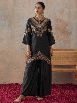 TWINS LADY - Women Black Silk Blend Embroidered Kurta with Palazzo