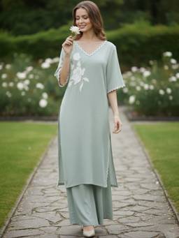 AAREIN - Green Linen Applique Embroidered Kurta with Palazzo