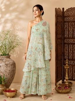 AAREIN - Green One Shoulder Embellished Kurta with Palazzo