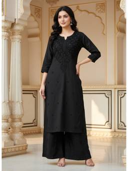 Khaka-The Chikankari Heritage - Black Chikankari Embroidered Cotton Straight Kurta with Palazzo