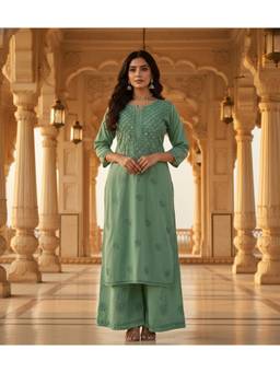 Khaka-The Chikankari Heritage - Green Chikankari Embroidered Cotton Straight Kurta with Palazzo