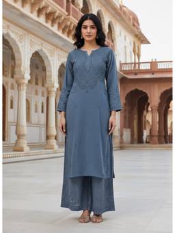 Khaka-The Chikankari Heritage - Grey Chikankari Embroidered Cotton Straight Kurta with Palazzo