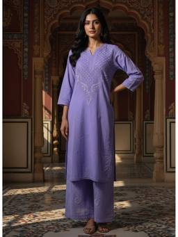 Khaka-The Chikankari Heritage - Lavender Chikankari Embroidered Cotton Kurta with Palazzo