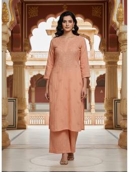 Khaka-The Chikankari Heritage - Orange Chikankari Embroidered Cotton Straight Kurta with Palazzo