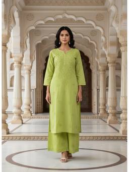 Khaka-The Chikankari Heritage - Green Chikankari Embroidered Cotton Straight Kurta with Palazzo