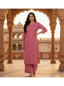 Khaka-The Chikankari Heritage - Pink Chikankari Embroidered Cotton Straight Kurta with Palazzo