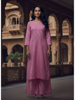 Khaka-The Chikankari Heritage - Pink Chikankari Embroidered Cotton Straight Kurta with Palazzo