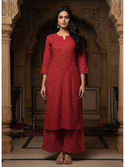 Khaka-The Chikankari Heritage - Chikankari Embroidered Cotton Straight Kurta with Palazzo
