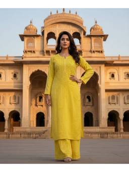Khaka-The Chikankari Heritage - Yellow Chikankari Embroidered Cotton Straight Kurta with Palazzo