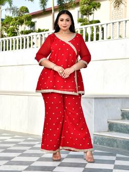 Desi Noor - Plus Size Red Angrakha Co-Ord Set