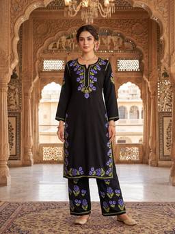 Khaka-The Chikankari Heritage - Women Black Lucknowi Chikankari Rayon Straight Kurta and Palazzo