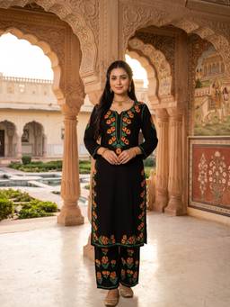 Khaka-The Chikankari Heritage - Black Women Lucknowi Chikankari Rayon Straight Kurta and Palazzo
