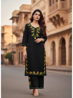 Khaka-The Chikankari Heritage - Lucknowi Handwork Chikankari Rayon Black Kurta and Palazzo