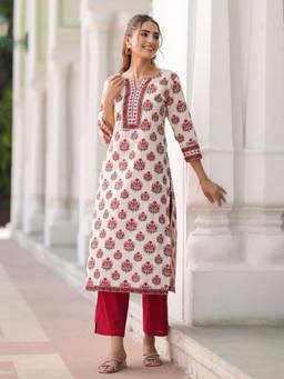 SAK JAIPUR - Off White Women Cotton Printed Round Neck Calf Length Straight Kurta with Pant