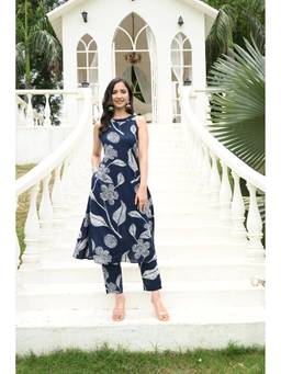 SAK JAIPUR - Navy Blue Women Rayon Printed Round Neck Calf Length A-Line Kurta with Pant