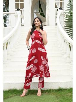 SAK JAIPUR - Red Women Rayon Printed Round Neck Calf Length A-Line Kurta with Pant