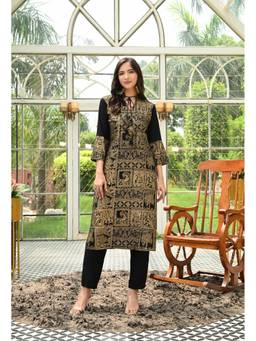 SAK JAIPUR - Black Women Rayon Printed Calf Length Straight Kurta with Pant