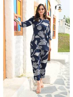 SAK JAIPUR - Navy Blue Women Rayon Printed Round Neck Hip Length A-Line Co-Ord Set