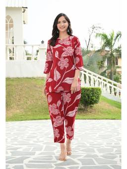SAK JAIPUR - Red Women Rayon Printed Round Neck Hip Length A-Line Co-Ord Set