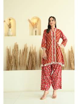 LOVE CHIC - Red Floral Sanganeri Farshi Co-ord Set