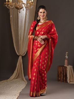 Akhilam - Womens Silk Blend Red Woven Design Celebrity Saree with Unstitched Blouse