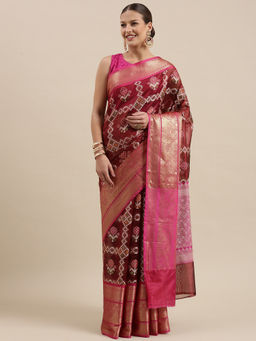 Banarasi Silk Works - Maroon & Pink Art Silk Kanchi Pattu Border Saree with Unstitched Blouse