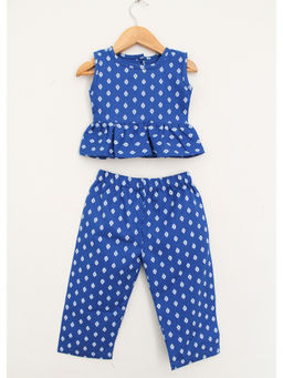 Woonie - Geometric Printed Frill Top with Pants - Blue (Set of 2)