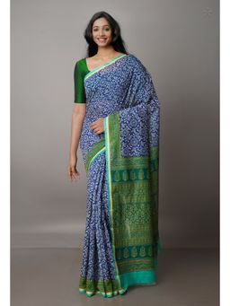 Unnati Silks - Navy Blue Floral Printed Chanderi Sico Saree with Unstitched Blouse