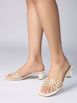 RSVP by Nykaa Fashion - White Pearl Embellished Clear Strap Women's Block Heels
