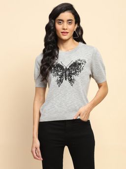 Global Republic - Grey Knitted Sequin Embroidered Top