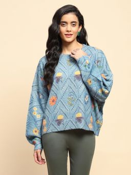 Global Republic - Blue Knitted Floral Printed Pullover