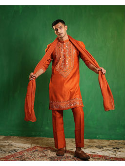 AHI Clothing - Rust Ember Mirror Work Kurta and Pant with Dupatta