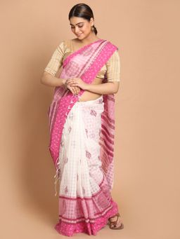 Indethnic - Pink Checks Cotton Blend Saree with Unstitched Blouse