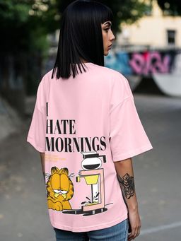 Bewakoof - Women's Pink Garfield Hates Mornings Graphic Printed Oversized T-shirt