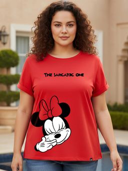 Bewakoof - Official Disney Women's Red Sarcastic one Graphic Printed Plus Size Boyfriend T-shirt