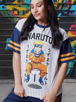 Bewakoof - Official Naruto Women's Blue & White Ramen Jersey Graphic Printed Oversized T-shirt