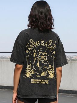 Bewakoof - Women's Black Karma is a Cat Graphic Printed Oversized Acid Wash T-shirt