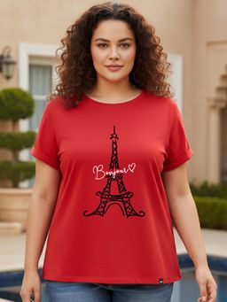 Bewakoof - Women's Red Bonjour Paris Graphic Printed Plus Size Boyfriend T-shirt