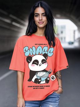 Bewakoof - Women's Coral Pink Snacking Graphic Printed Oversized T-shirt